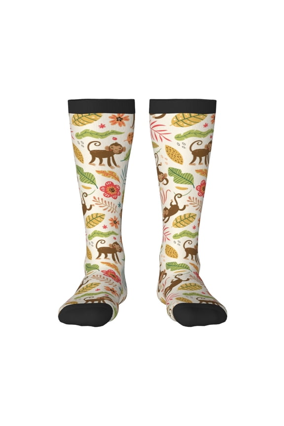 Monkeys in the Jungle print thigh-high socks, crafted for both men and women with a stretchy, high-opaque design perfect for daily wear