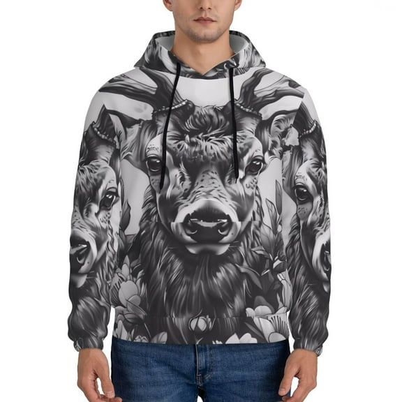 Xecao Monochrome Deer Floral Pattern Men's Adult Pullover Hoodie,Hooded Sweatshirt-Medium