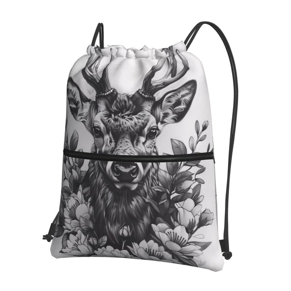 Xecao Monochrome Deer Floral for Drawstring Bags,Pull String Backpack Bags,String Bag Sackpack
