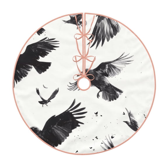 Xecao Monochrome Flying Ravens Pattern Christmas Tree Skirt Round Xmas Tree Mat Base Cover for Holiday Home Decorations-30"