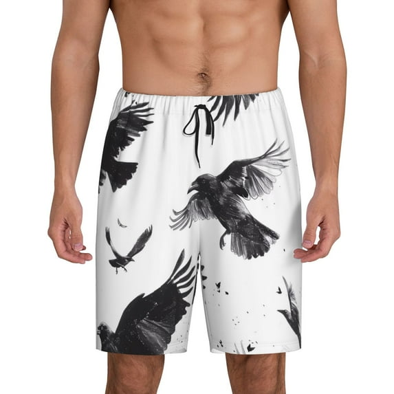 Xecao Monochrome Flying Ravens Print Men's Sleepwear Shorts Pajama Bottom Lounge Short ,Nightwear with Convenient Pockets for Relaxed Home Wear-X-Large