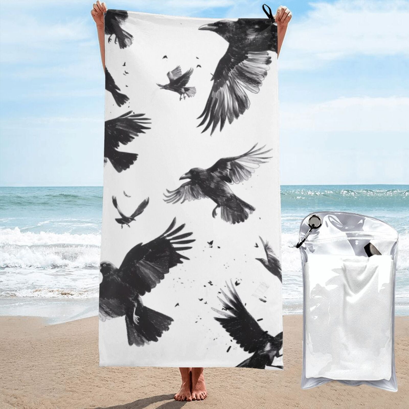 Xecao Monochrome Flying Ravens Print Quick Dry Towel Lightweight