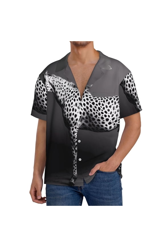 Monochrome Leopard Horse Men's Casual Short-sleeved Shirt, a button-up collared shirt with a pocket-Large