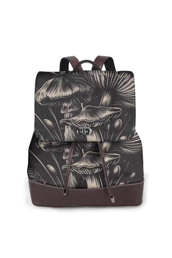 Monochrome Mushroom Artwork Print Large Backpack Soft Leather for Women Travel with Compartment, Adjustable Convertible Strap