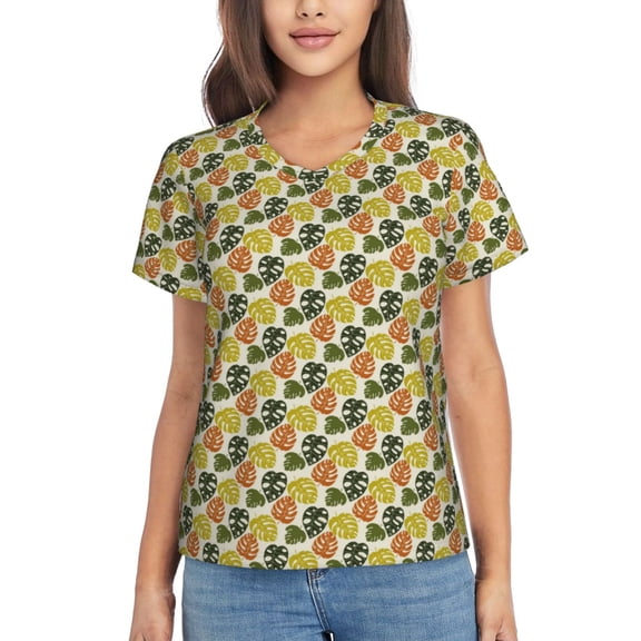 Xecao Monstera Leaves for Women's V-Neck T-Shirts-Elegant Half-Sleeve Tops Perfect for Summer-Medium