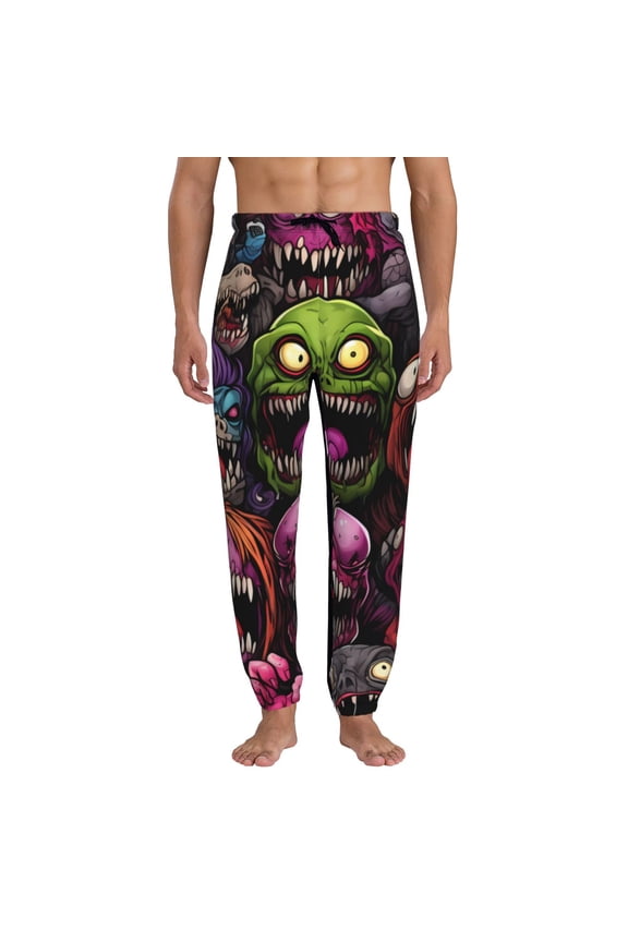 Monstrous Cartoon Characters Print Active Tech Joggers for Men, Mens Sweatpants Lounge Pants with Pockets-Large