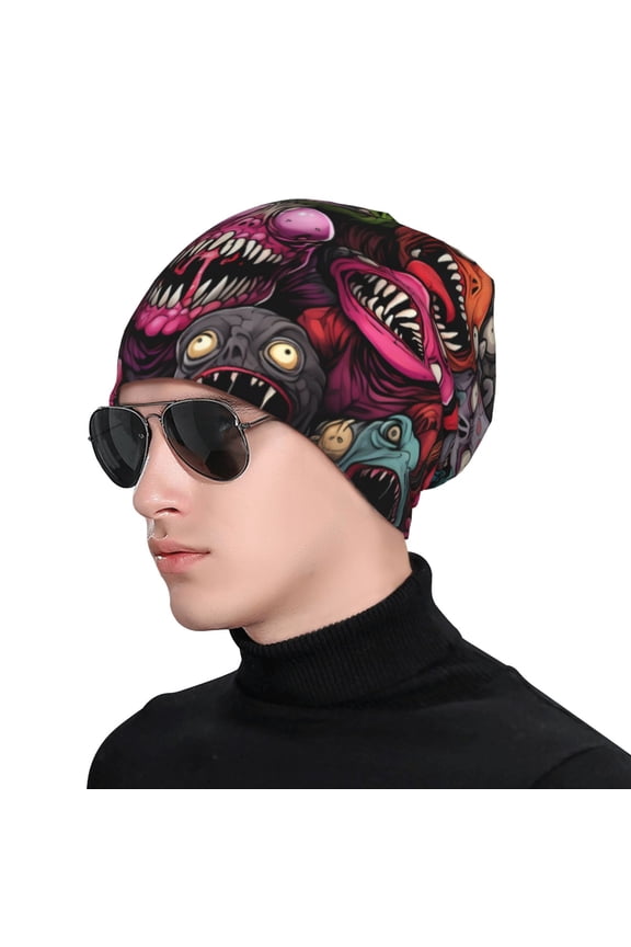 Monstrous Cartoon Characters Print Beanie Knitted Hat for Men Women, Winter Fashion Knit Cuffed Caps Unisex