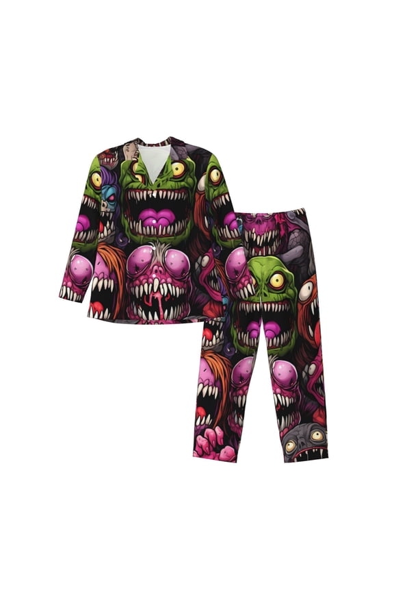 Monstrous Cartoon Characters Print Pajamas Set Mens Pajamas Long Sleeve Loungewear Two-Piece Sleepwear Button-Down Pjs Set,2PJS-Small