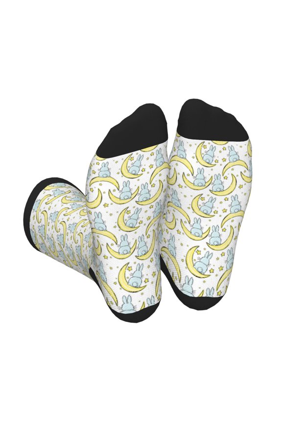Moon And Rabbit Print Crew Socks for Men and Women, Men's Soft Moisture-wicking Sock