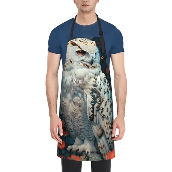 Xecao Moon Flower White Owl Print Kitchen Cooking Aprons, Waterproof Adjustable Bib Aprons with 2 Pockets for Women Men Chef