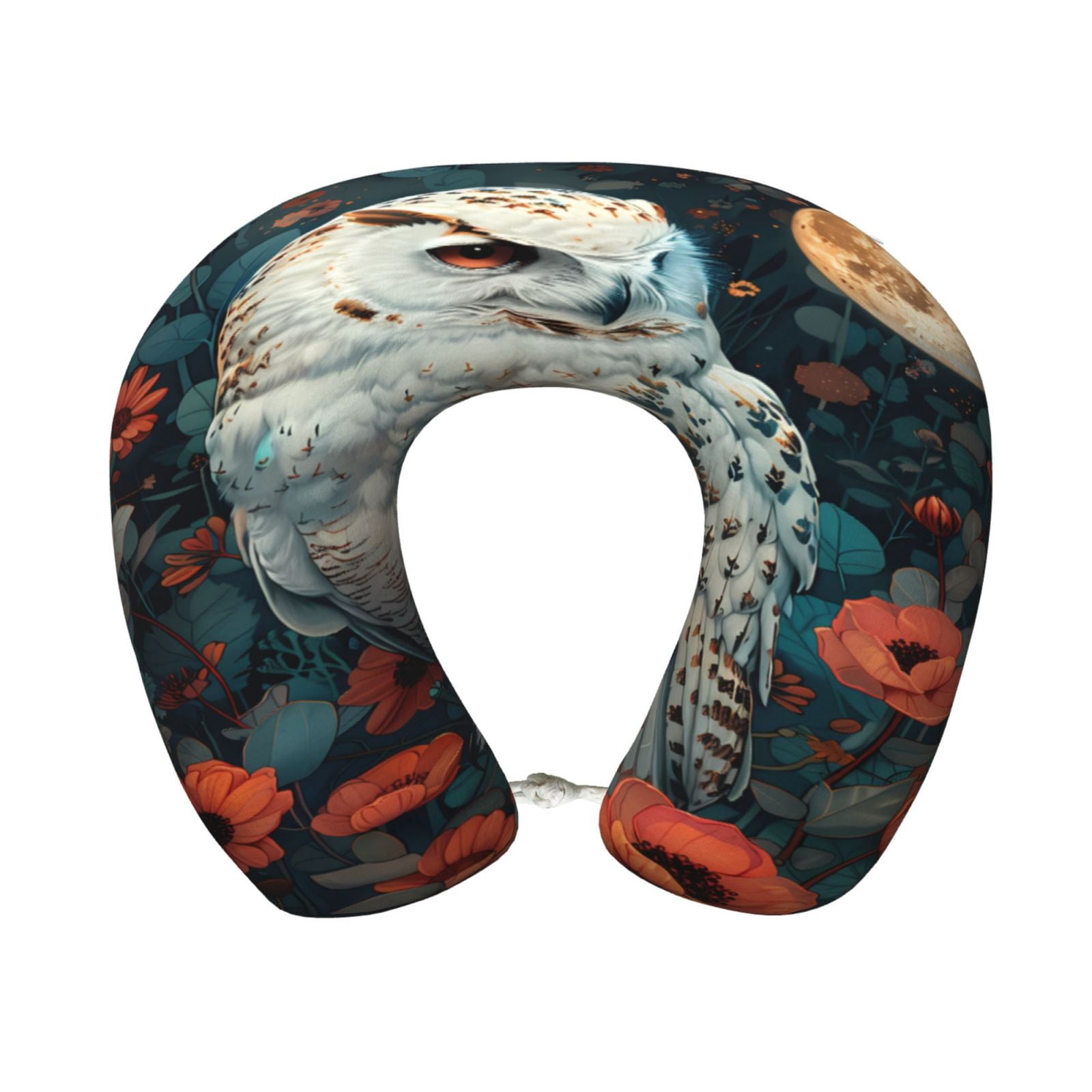 Xecao Moon Flower White Owl Print Memory Foam Cervical Neck Pillow Versatile U-Shaped Pillows for Home,Office,Camping,Travelling,Soft Washable Cover
