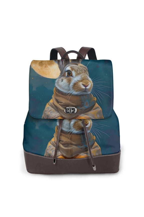 Moon Night Sky Cute Rabbit Print Large Backpack Soft Leather for Women Travel with Compartment, Adjustable Convertible Strap