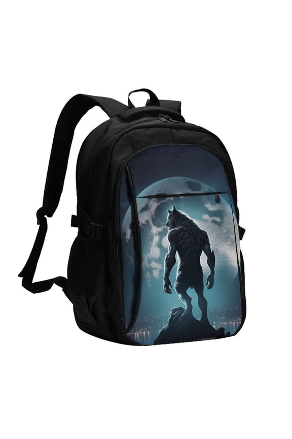 Moon Wolf Warrior for Travel Laptop Backpack, USB-Charging-Enabled, Spacious Business Backpack for Men and Women,College School Computer Bag