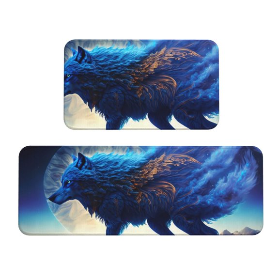 Xecao Moonlit Blue Wolf Patten Kitchen Rugs and Mats Sets,2 Pieces Non-Slip Washable Rugs, Kitchen Mat for Floor,Suit for Kitchen Decor and Accessories