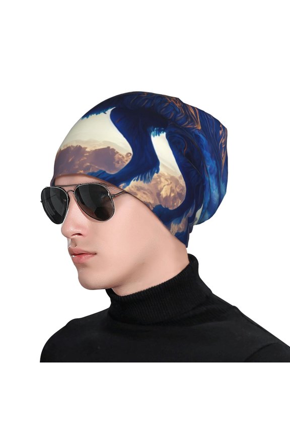 Moonlit Blue Wolf Print Beanie Knitted Hat for Men Women, Winter Fashion Knit Cuffed Caps Unisex