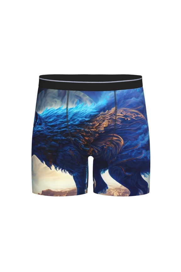 Moonlit Blue Wolf Print Boxer Briefs for Men's Stretch Moisture-Wicking Underwear, Mid-Rise Classics breathable fabric