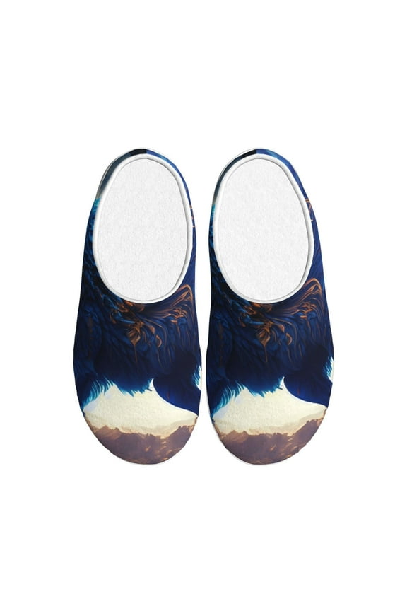 Moonlit Blue Wolf Print Cotton Slippers Fuzzy Warm Cozy Slippers Non Slip House Slippers For Indoor Outdoor Cotton Slippers House Slippers-46/47