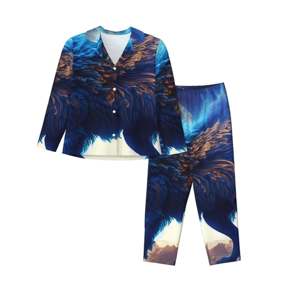 Xecao Moonlit Blue Wolf Print Women Pajamas Set Soft Sleepwear Pjs long Sleeve Button Down Nightwear with Long Pants