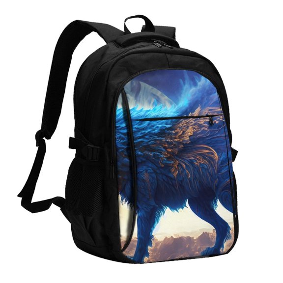 Xecao Moonlit Blue Wolf for Travel Laptop Backpack, USB-Charging-Enabled, Spacious Business Backpack for Men and Women,College School Computer Bag