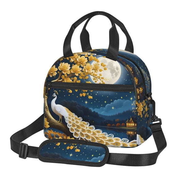 Xecao Moonlit Golden Tree Peacock Print Insulated Lunch Box, Lunch Cags Lunch Bag Featuring An Adjustable Shoulder Strap