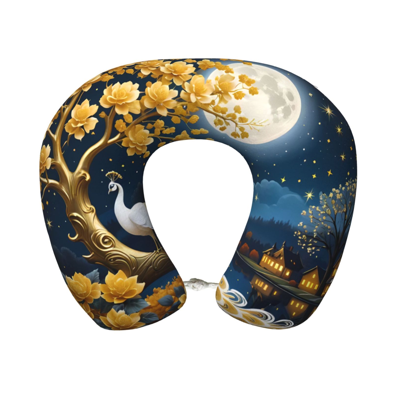 Xecao Moonlit Golden Tree Peacock Print Memory Foam Cervical Neck Pillow Versatile U-Shaped Pillows for Home,Office,Camping,Travelling,Soft Washable Cover