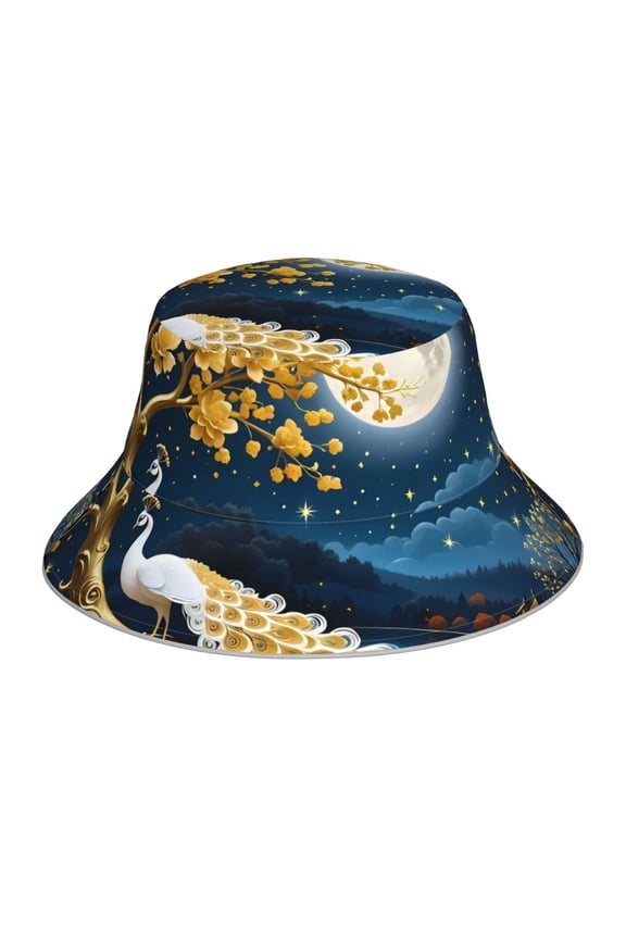 Moonlit Golden Tree Peacock Print Men and Women Night Reflective Hat Runner Cap Visor Bucket Hat Boonie Cap