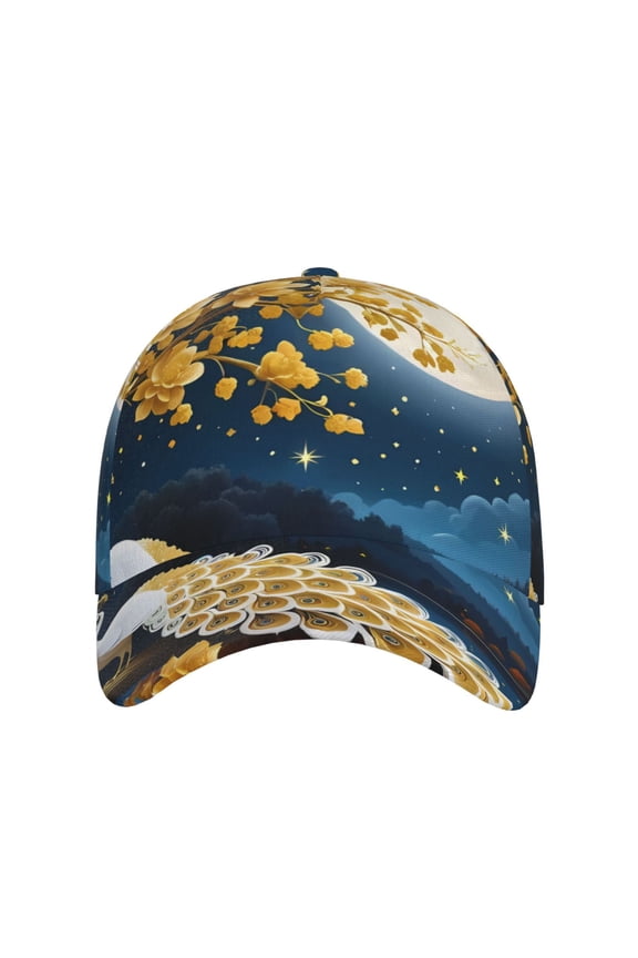 Moonlit Golden Tree Peacock for Baseball Cap: Unisex, crafted from classic polyester twill fabric, featuring a soft unconstructed design