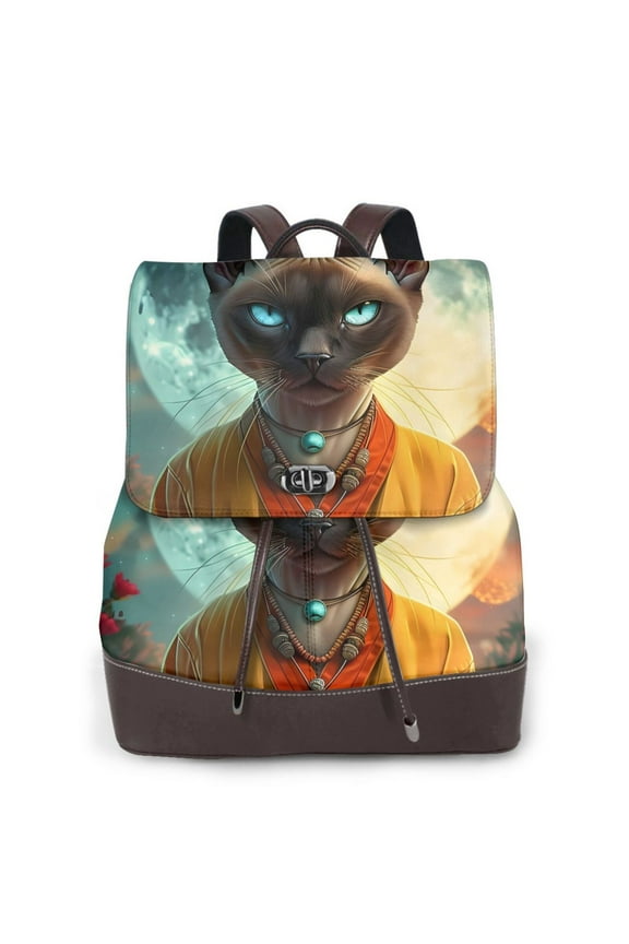 Moonlit Hairless Cat Monk Print Large Backpack Soft Leather for Women Travel with Compartment, Adjustable Convertible Strap