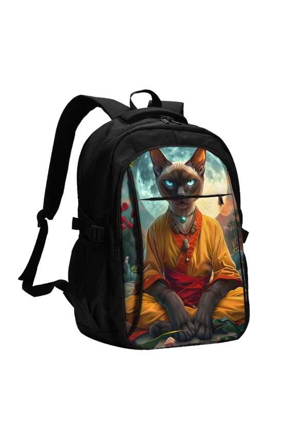 Moonlit Hairless Cat Monk for Travel Laptop Backpack, USB-Charging-Enabled, Spacious Business Backpack for Men and Women,College School Computer Bag