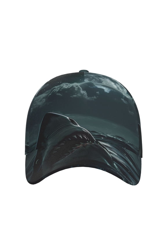 Moonlit Night Sky Shark for Baseball Cap: Unisex, crafted from classic polyester twill fabric, featuring a soft unconstructed design