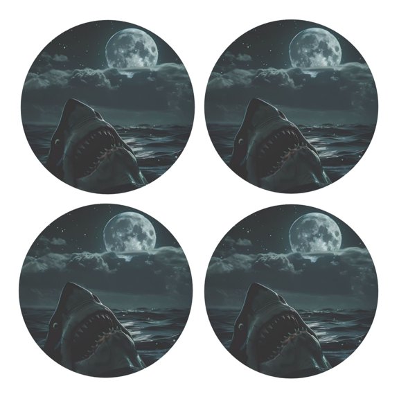 Xecao Moonlit Night Sky Shark for MDF Cork Coaster 4 Pcs,Drink Coasters,Suit for House Warming Gifts New Home ,Coffee Table Decor-Round Shape