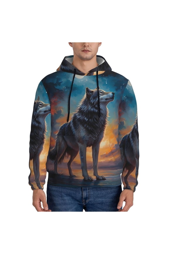 Moonlit Night Sky Wolf Pattern Men's Adult Pullover Hoodie,Hooded Sweatshirt-X-Large