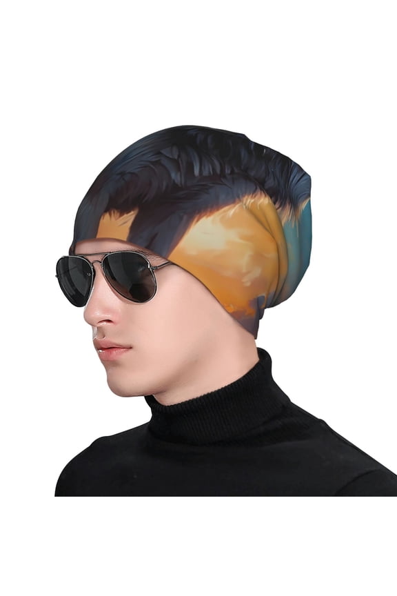 Moonlit Night Sky Wolf Print Beanie Knitted Hat for Men Women, Winter Fashion Knit Cuffed Caps Unisex