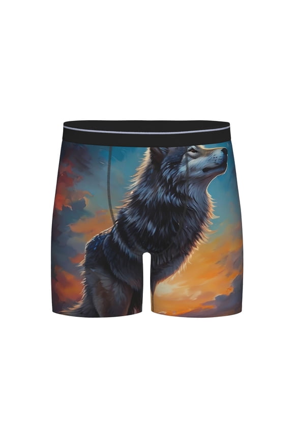 Moonlit Night Sky Wolf Print Boxer Briefs for Men's Stretch Moisture-Wicking Underwear, Mid-Rise Classics breathable fabric