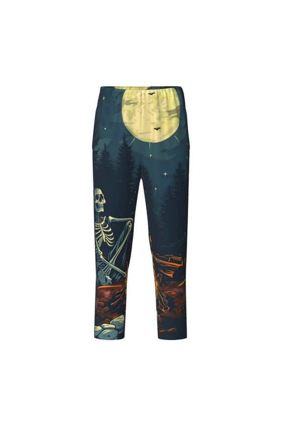 Moonlit Skeleton Campfire Print Teenagers' Pajama Pants Long Sleep Pants Soft Elastic Waist Pajama Bottoms Elastic waist with 2 Pockets 5-16 Years-Large
