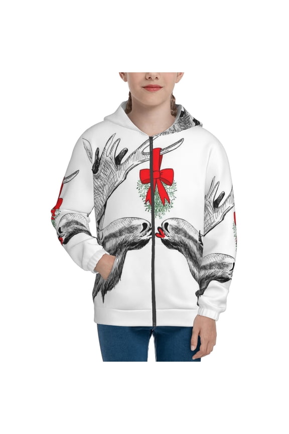 Moose Kissing Under Mistletoe Pattern Zip Up Hoodies for Boys Girls, Sweatshirt with Pockets-