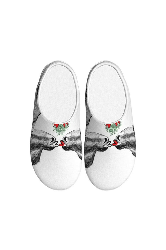Moose Kissing Under Mistletoe Print Cotton Slippers Fuzzy Warm Cozy Slippers Non Slip House Slippers For Indoor Outdoor Cotton Slippers House Slippers-8