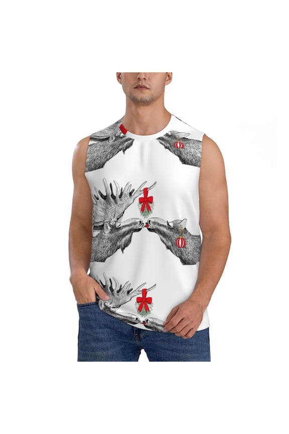 Moose Kissing Under Mistletoe Print Men's Tank Top: Sleek Sleeveless Tee for Casual Sports and Beach Occasions-XX-Large