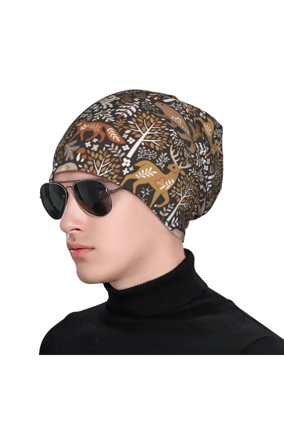 Moose fox bear leaf tree Print Beanie Knitted Hat for Men Women, Winter Fashion Knit Cuffed Caps Unisex
