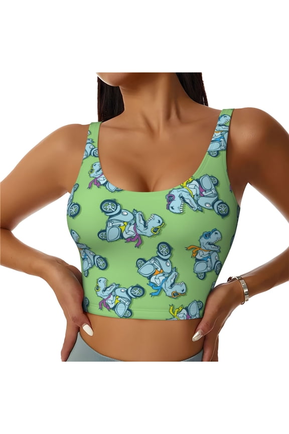 Motorcycle Riding Dinosaur for Sports Bra with Removable Pads, Crop Tank Top Design, Women's Longline Sports Bra - Non-Wired - Small