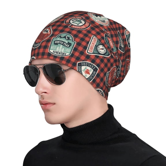 Xecao Mountain Adventure Badges Print Beanie Knitted Hat for Men Women, Winter Fashion Knit Cuffed Caps Unisex