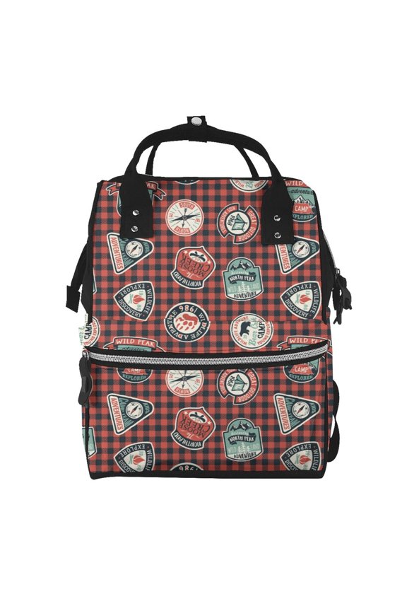 Mountain Adventure Badges print Large Capacity Nappy Bag is a multi-functional waterproof travel backpack, perfect as a nursing bag or mummy backpack for women