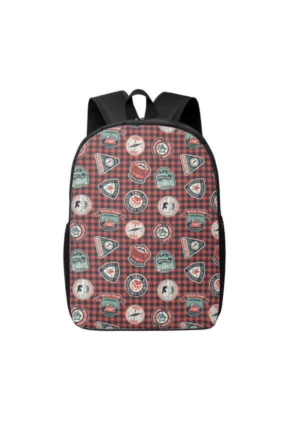 Mountain Adventure Badges print Travel Backpack, Large Computer Backpack for Men Women, College School Rucksack Book Bag