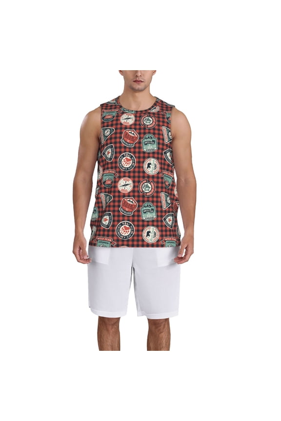 Mountain Adventure Badges print basketball shirt for both men and women, a unisex basketball jersey perfect for theme parties-Large