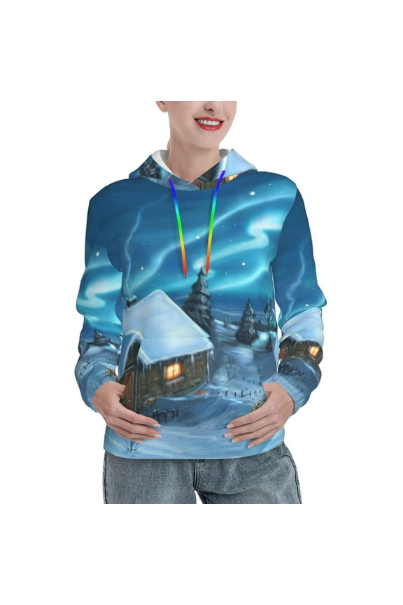 Mountain Cottage In Snow Pattern Hoodies for Women Sweatshirts Long Sleeve Sweatshirts Pullover Outfits with Pocket-Medium