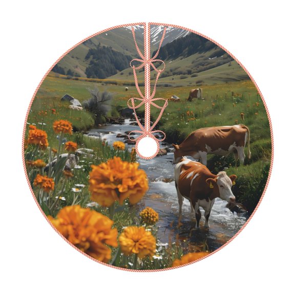 Xecao Mountain Cows Flower Stream Pattern Christmas Tree Skirt Holiday Part Decorations for Christmas Tree, Farmhouse Christmas Decor Xmas Holiday Home Party Decorations-30"