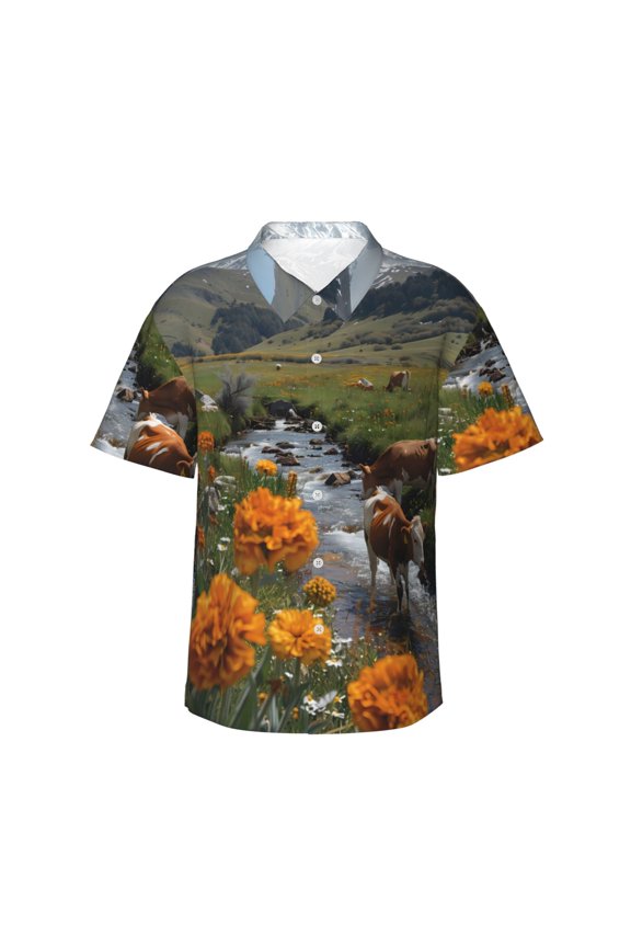 Mountain Cows Flower Stream Print Hawaiian shirt - A Stylish Short-Sleeve Button-Down for Men, Perfect for Casual Beach and Tropical Outings.,Large