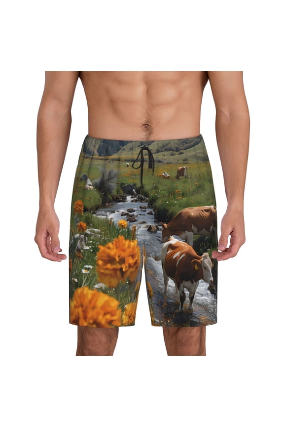 Mountain Cows Flower Stream Print Men's Sleepwear Shorts Pajama Bottom Lounge Short ,Nightwear with Convenient Pockets for Relaxed Home Wear-Medium