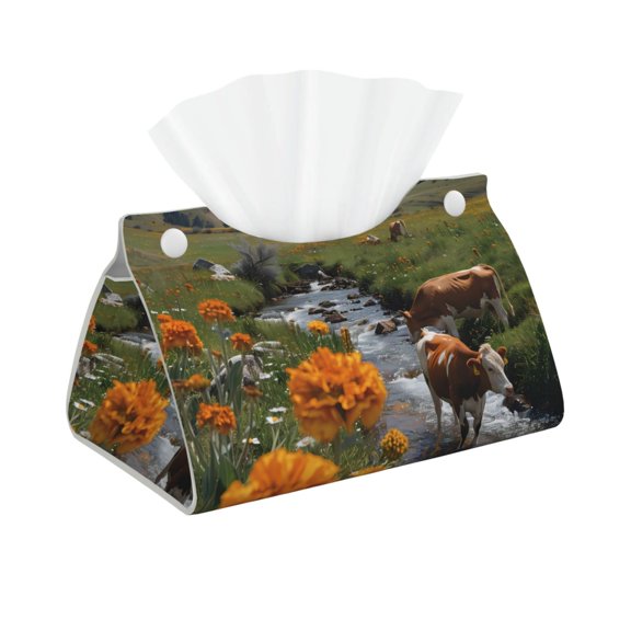 Xecao Mountain Cows Flower Stream Print Tissue Box Cover,Modern PVC Leather Square Tissue Box Holder for Creative Decorative