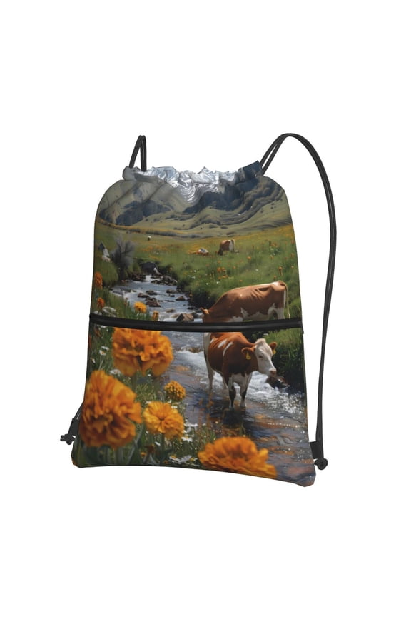 Mountain Cows Flower Stream for Drawstring Bags,Pull String Backpack Bags,String Bag Sackpack